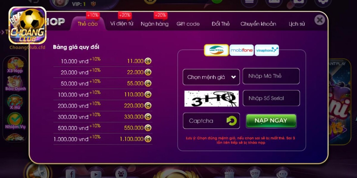 Nạp tiền Choáng Club bằng thẻ cào điện thoại